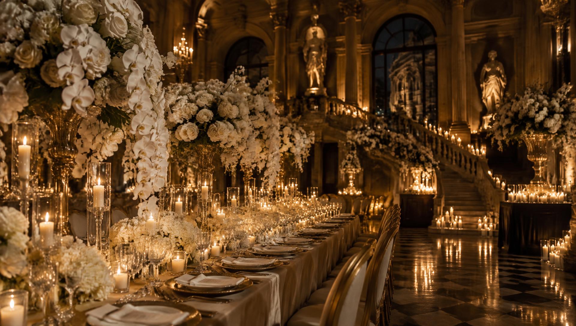 Kerzenbeleuchteter Palazzo-Saal mit weißen Orchideen und Rosen